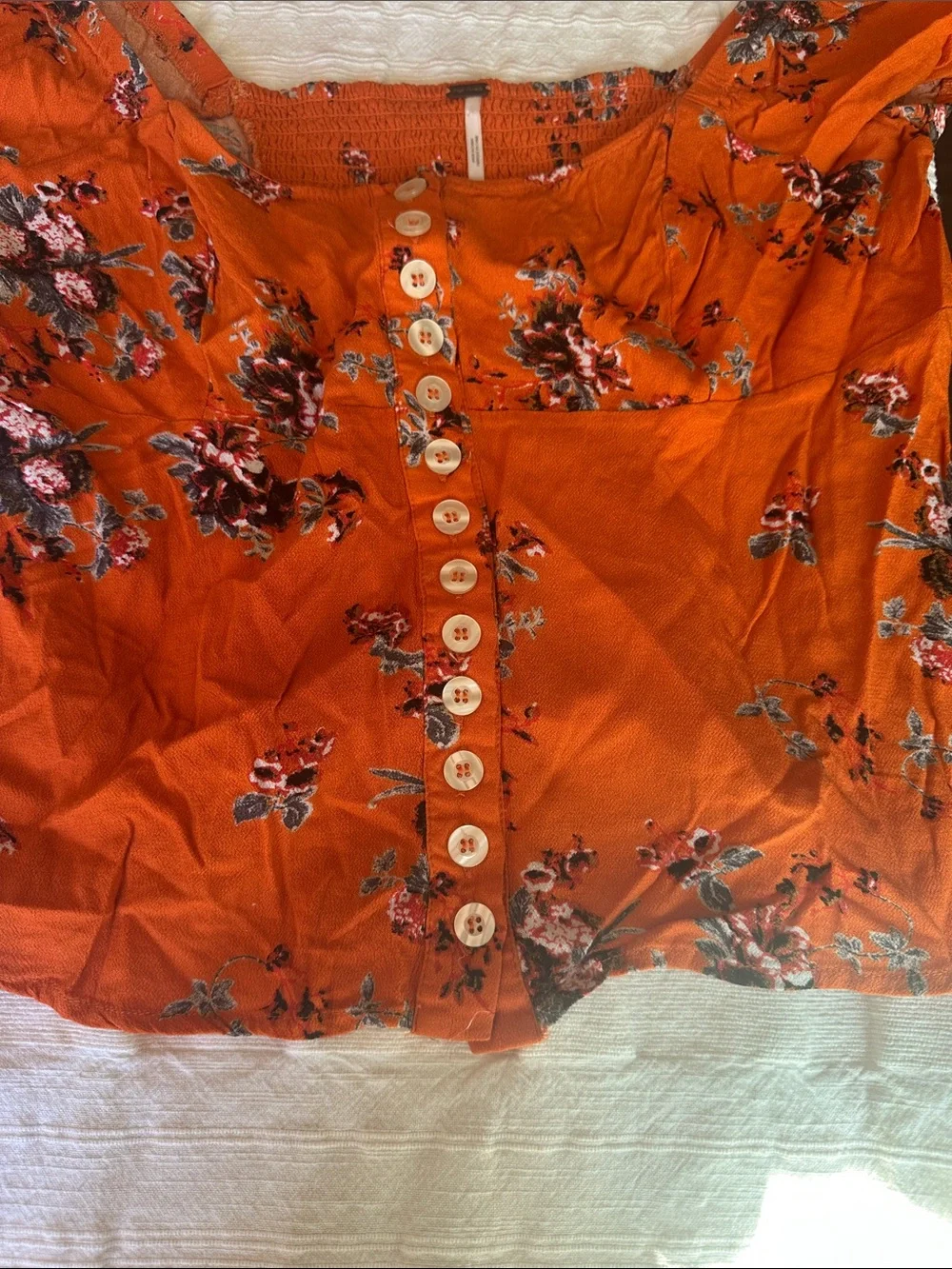 Free People Bright Orange Floral Button-Up Puff Sleeve Top